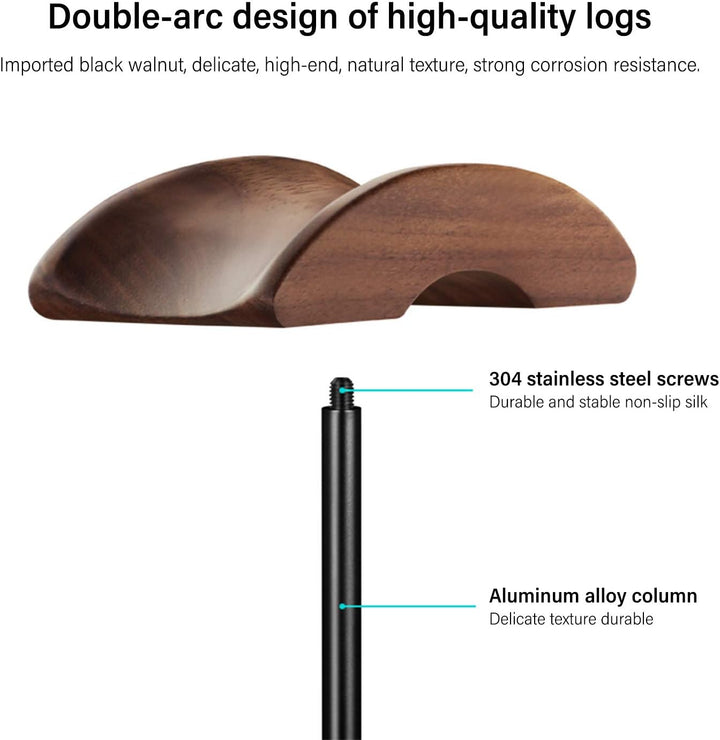 QinCoon Kopfhörer Ständer, Headset Halterung aus Walnuss Holz & Aluminium, Natur Walnuss Gaming Kopf