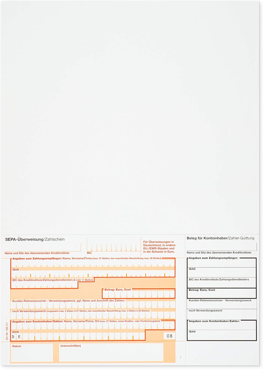500 x Überweisungsträger Überweisungsformular SEPA Zahlschein A4 unten links 732111 Menge wählbar 50