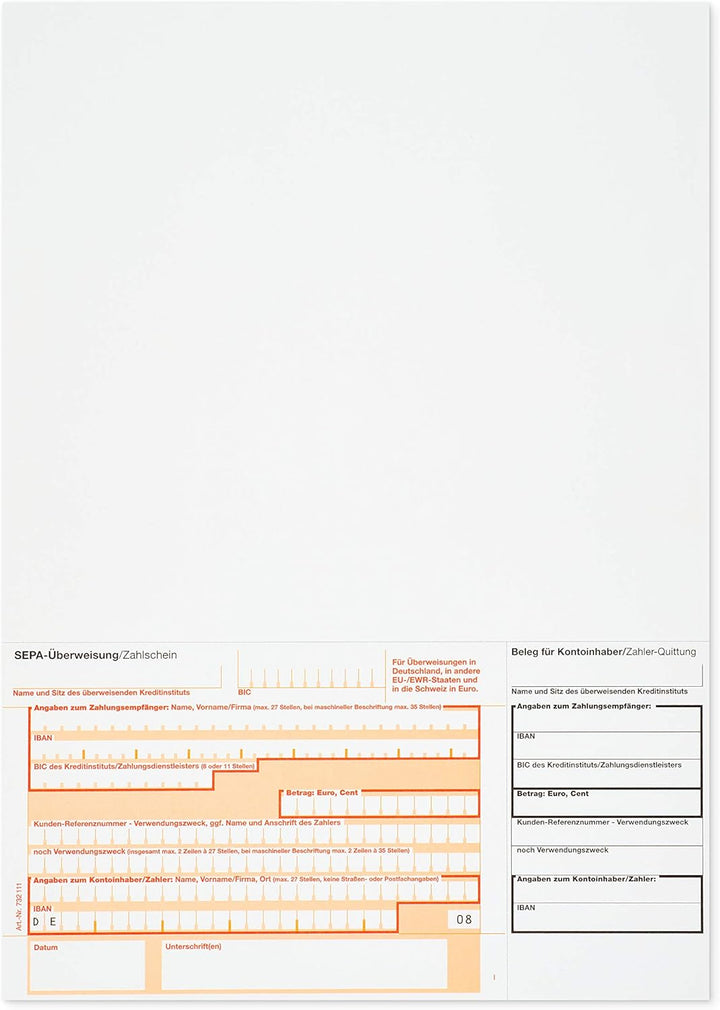 500 x Überweisungsträger Überweisungsformular SEPA Zahlschein A4 unten links 732111 Menge wählbar 50