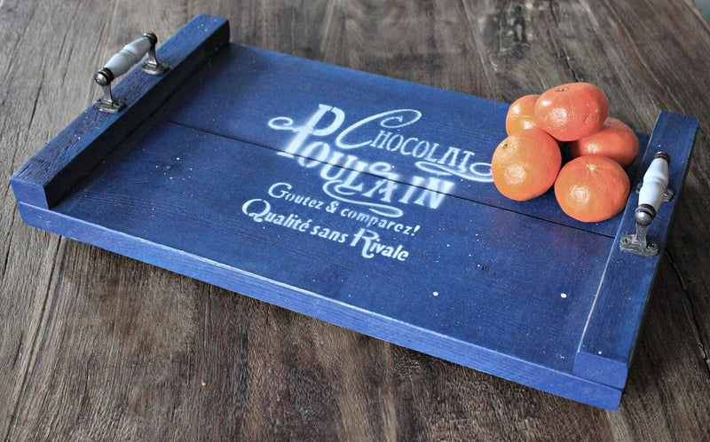 Dekorie Holz Tablett Auftragebrett Servierbrett Speisenbrett Vintage Shabby (Blau (mit Aufdruck)), B