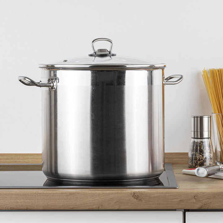 XXL Edelstahl Kochtopf mit Glas Deckel - 20 L / 30 x 28 cm - Universal Topf mit Aluminium Kapselbode