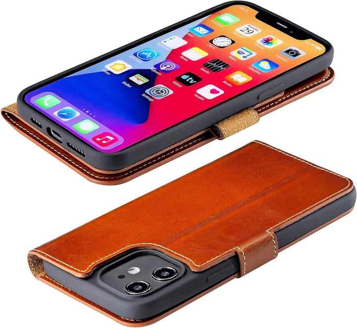 Suncase Book-Style Hülle kompatibel mit iPhone 12 (6.1") Leder Tasche (Slim-Fit) Lederhülle Handytas