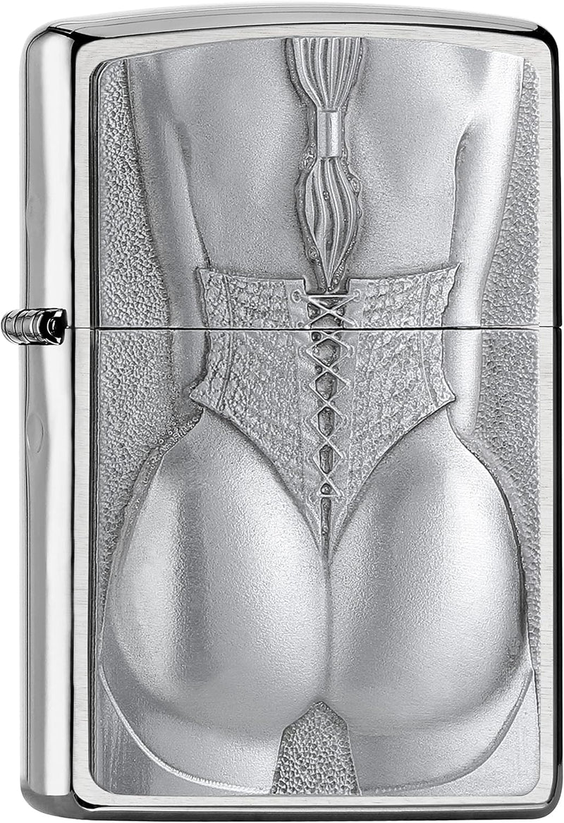 Zippo –– Girl with Corset – Chrome Brushed – Emblem Attached – Sturmfeuerzeug, nachfüllbar, in hochw