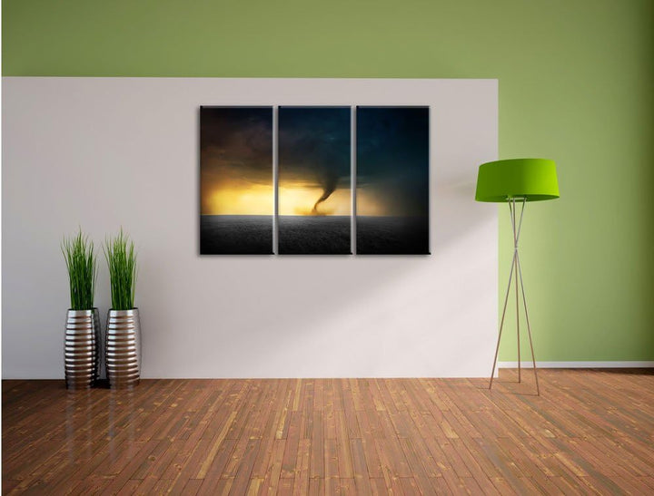 Pixxprint Naturgewalt Tornado Schwarz/Weiss 3-Teiler Leinwandbild 120x80 Bild auf Leinwand