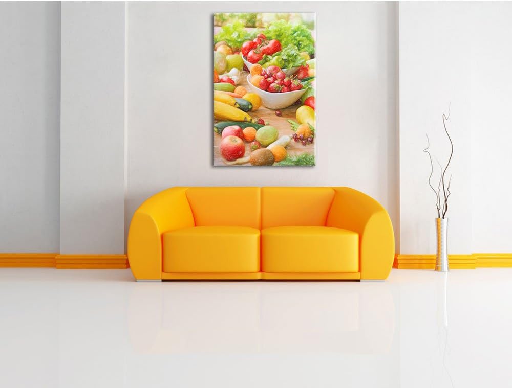 Pixxprint Buntes Obst und Gemüse / 100x70cm Leinwandbild bespannt auf Holzrahmen/Wandbild Kunstdruck