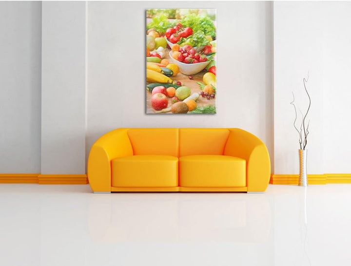 Pixxprint Buntes Obst und Gemüse / 100x70cm Leinwandbild bespannt auf Holzrahmen/Wandbild Kunstdruck