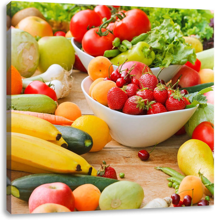Buntes Obst und Gemüse, Format: 70x70 auf Leinwand, XXL riesige Bilder fertig gerahmt mit Keilrahmen