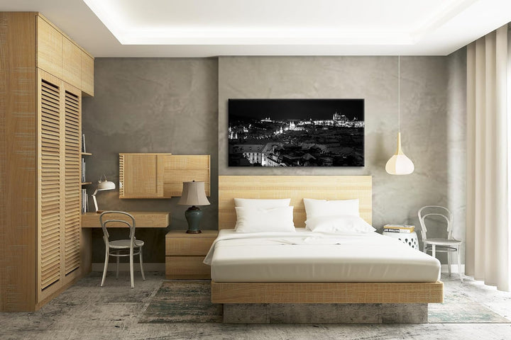 Prag bei Nacht Panorama 100x50 cm Effekt: Schwarz/Weiss als Leinwandbild, Motiv fertig gerahmt auf E