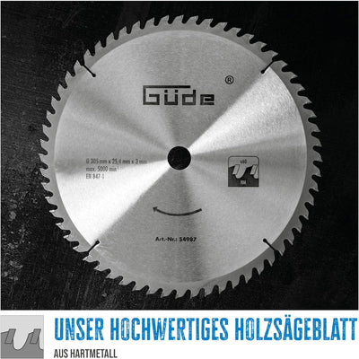 Güde 54987 Holzsägeblatt HM 305x25,4x60Z (Messer Hartmetall – 305 x 25 mm mit 4x60 Zähne)