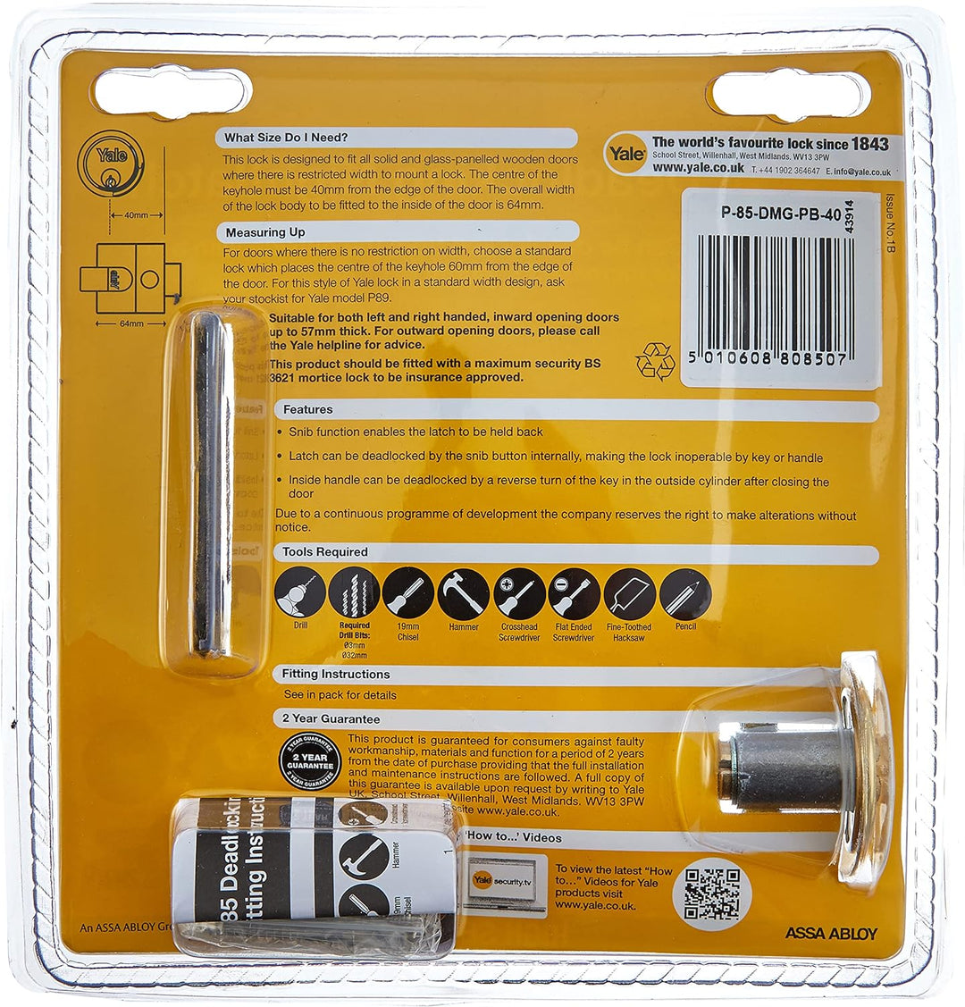 Yale P-85-DMG-PB-40 Deadlocking Nightlatch, Riegelschloss, Dunkles Metallic-Finish/Messing-Zylinder,