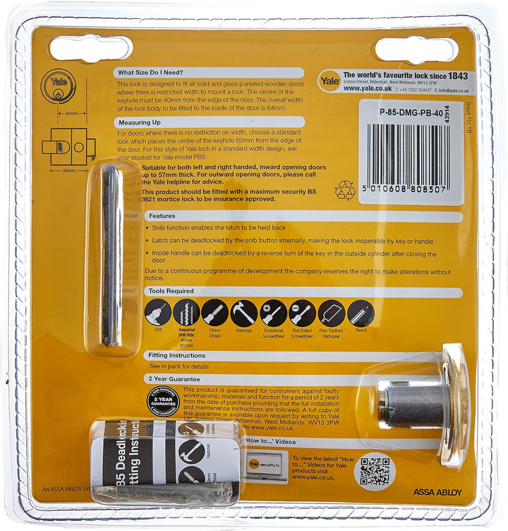 Yale P-85-DMG-PB-40 Deadlocking Nightlatch, Riegelschloss, Dunkles Metallic-Finish/Messing-Zylinder,