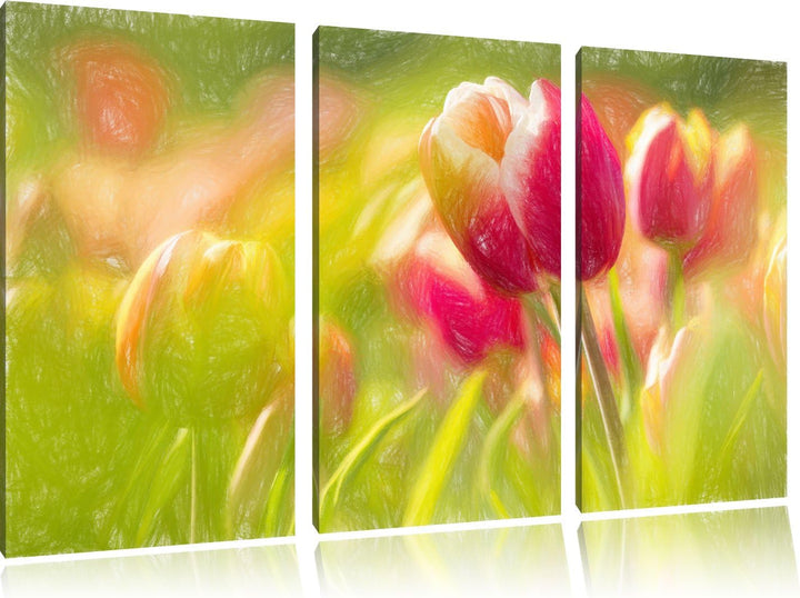 Pixxprint Blühende rote Tulpen Kunst Buntstift Effekt 3-Teiler Leinwandbild 120x80 Bild auf Leinwand