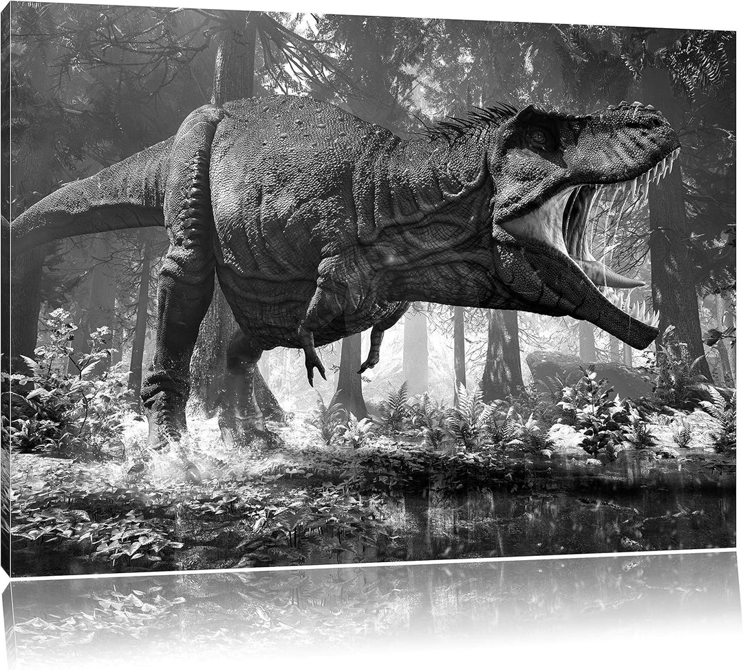 Pixxprint T-Rex Dinosaurier im Wald Kunst B&W, Format: 100x70 auf Leinwand, 100x70