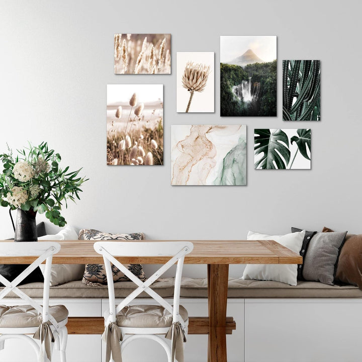 Novart Wandbilder Boho Natur - KOMPLETT AUFHÄNGFERTIG - Beige Grün Wohnzimmer Schlafzimmer- 7 Modern