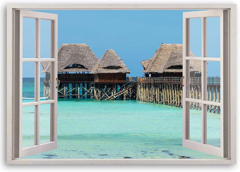 Feeby Viles - Leinwand Bilder - Fensterblick Natur- 120x80 cm- Deko Wohnzimmer - Wandbilder Schlafzi