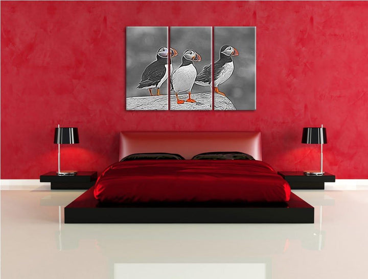 elegante Papageitaucher auf Felsen schwarz/weiss Spezial 3-Teiler Leinwandbild 120x80 Bild auf Leinw