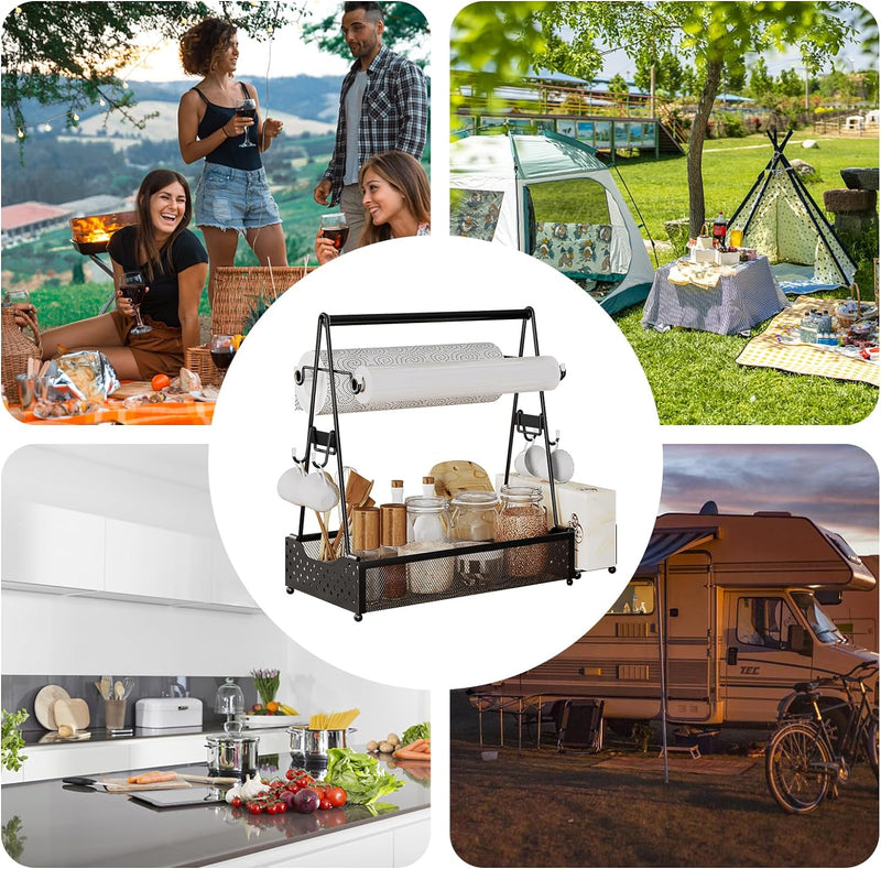Grill-Caddy, Grill-Utensilienbehälter, BBQ-Caddy mit Papierhandtuchhalter und 4 Haken Küchen-Gewürz-