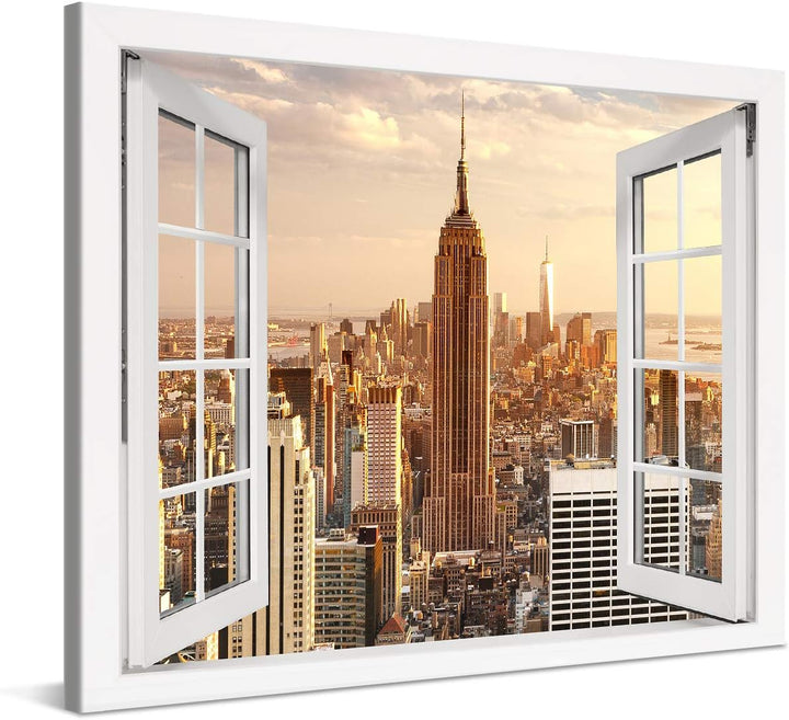 PICANOVA – Bild auf Leinwand Manhattan Empire State Building Fenster 100x75cm – Leinwandbild – Premi