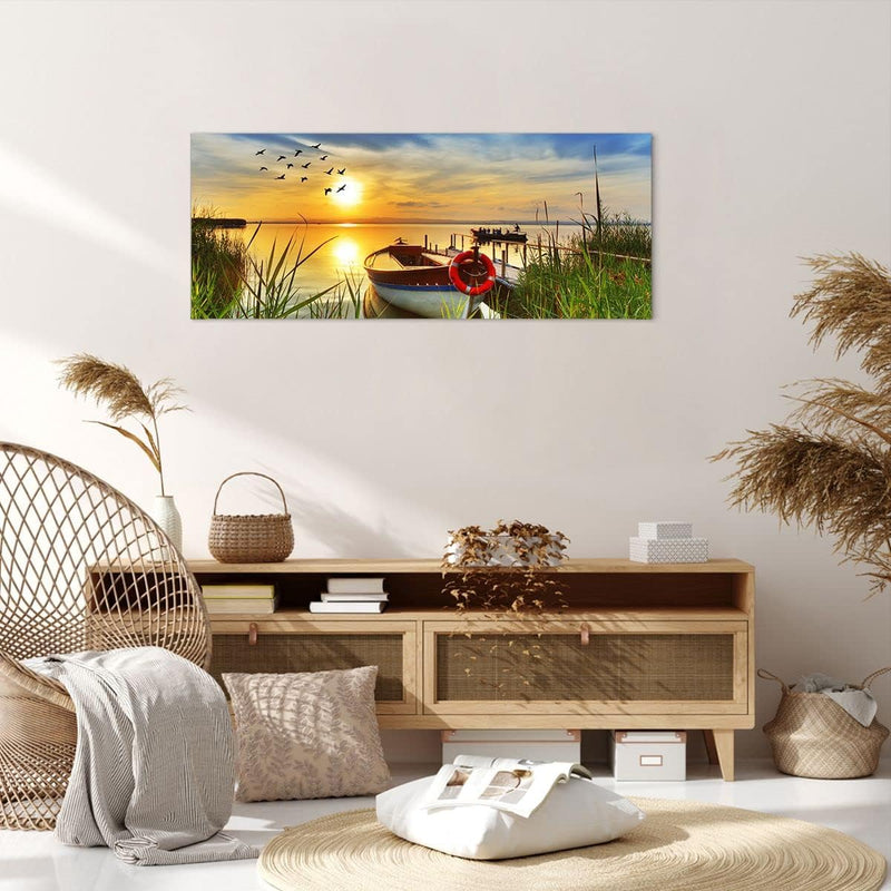 Wandbilder Dekoration Wohnzimmer Boot See Sonnenuntergang Sommer Menschen Bilder auf Leinwand 120x50