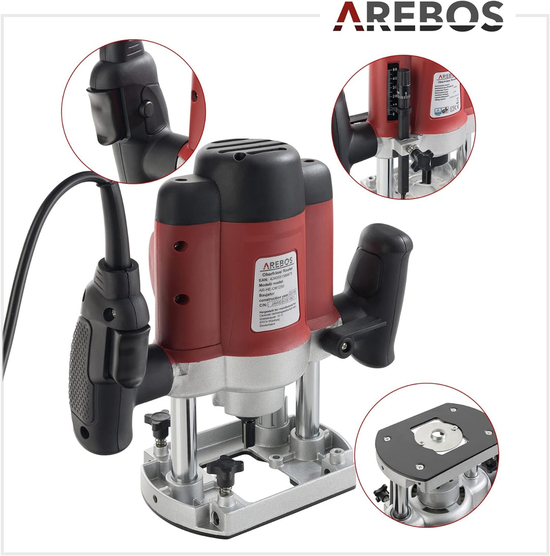 Arebos Oberfräse mit Koffer (1200 W, Ø 6 und 8 mm, Drehzahlregelung, Parallelanschlag, Reduzierstück