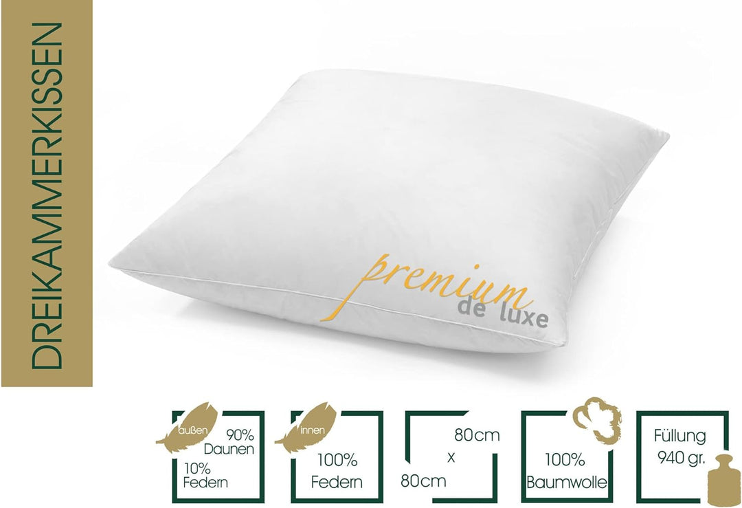HANSKRUCHEN® Premium de Luxe Daunenkissen 80x80 cm - Made in Germany Daunen Kopfkissen aus 100% Baum