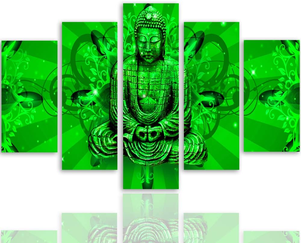 Wanddeko XXL Abstraktion Leinwandbild 5 Teilig Buddha Feng Shui Zen grün 100x70 cm Leinwandbild 100x