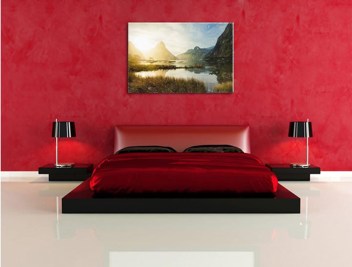 Pixxprint Milford Sound Neuseeland als Leinwandbild/Grösse: 100x70 cm/Wandbild/Kunstdruck/fertig bes