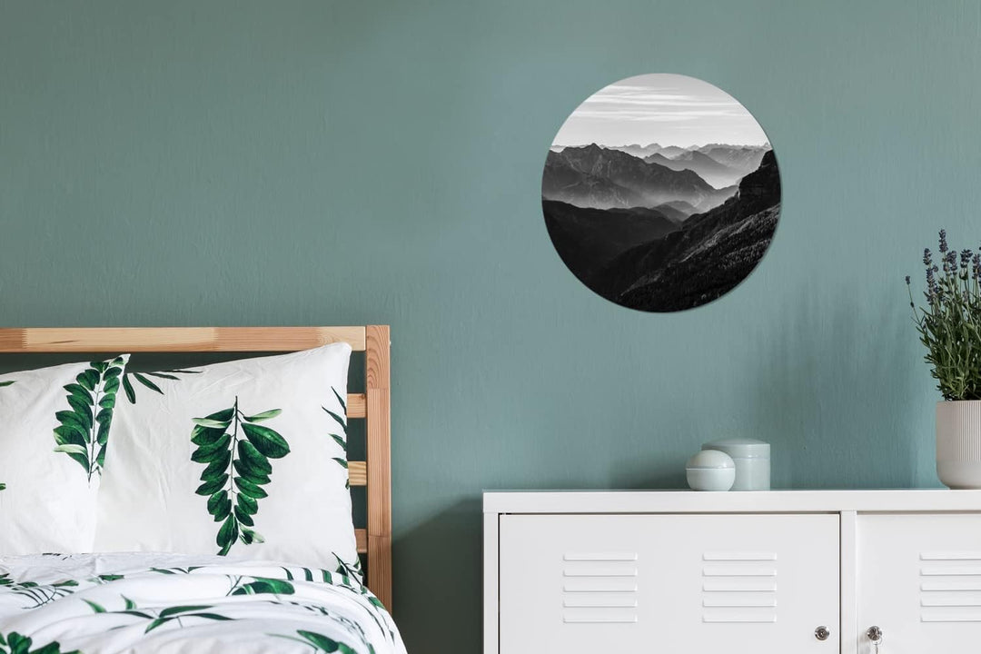 MuchoWow Wandbild Rund Wanddeko Deko Wohnzimmer Bilder 30x30 cm Berge - Natur - Nebel, 30x30 cm
