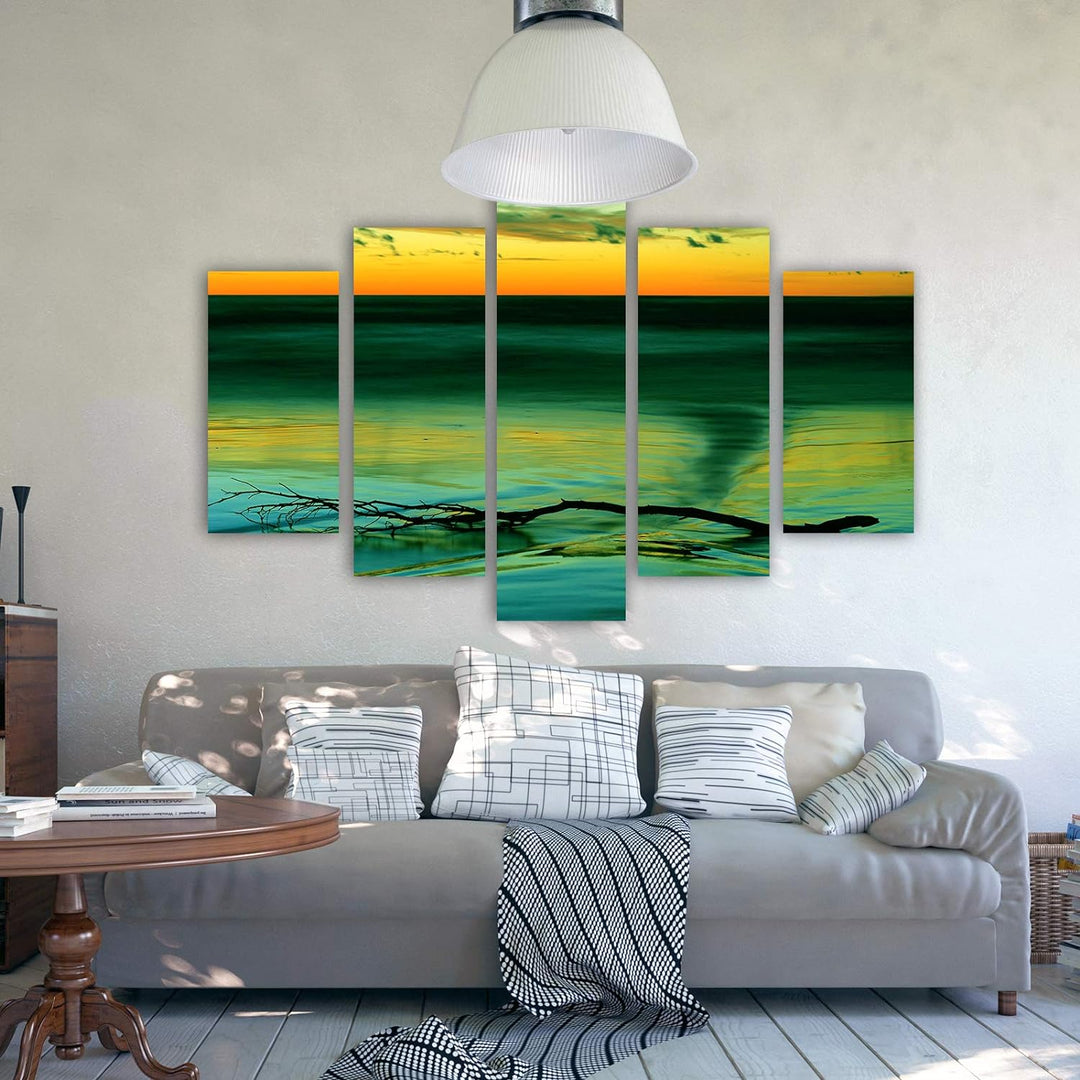 Feeby Bilder See 300x140 cm - Leinwandbild 5 Teilig XXL Kunstdruck Himmel Ast grün Leinwandbild XXL