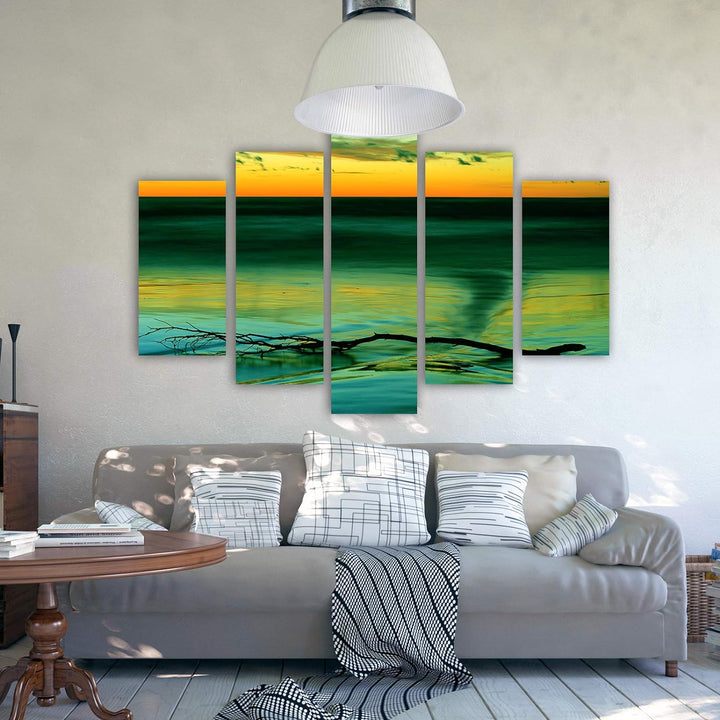 Feeby Bilder See 300x140 cm - Leinwandbild 5 Teilig XXL Kunstdruck Himmel Ast grün Leinwandbild XXL