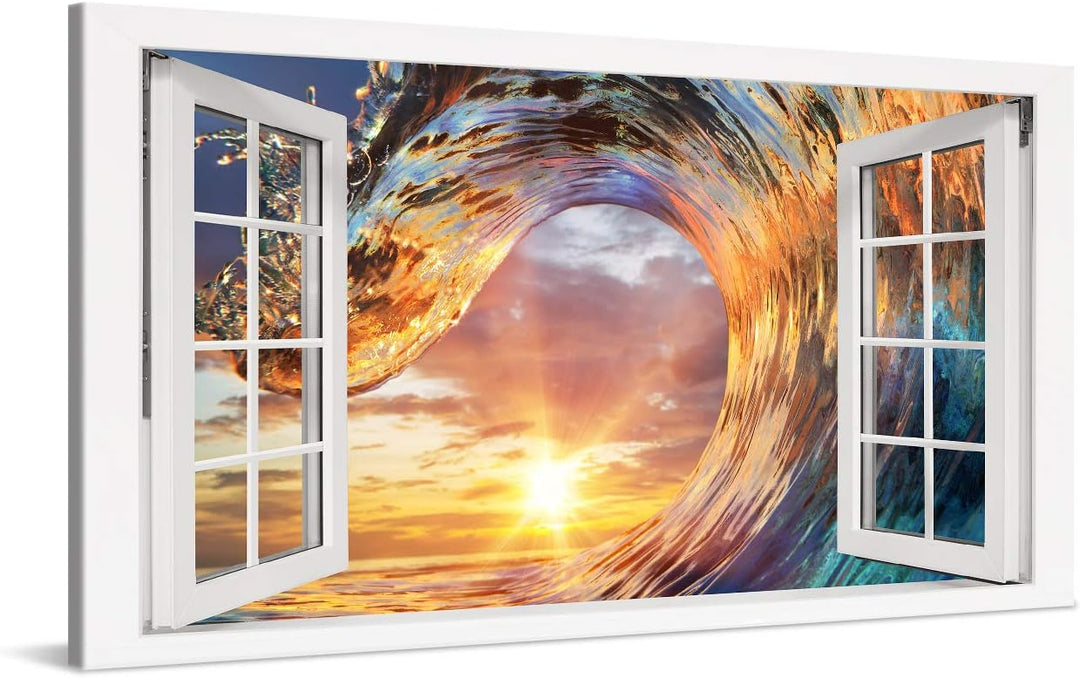 PICANOVA – Bild auf Leinwand Wellen-Sonnenuntergang Fenster 100x50cm – Leinwandbild – Premium Leinwa