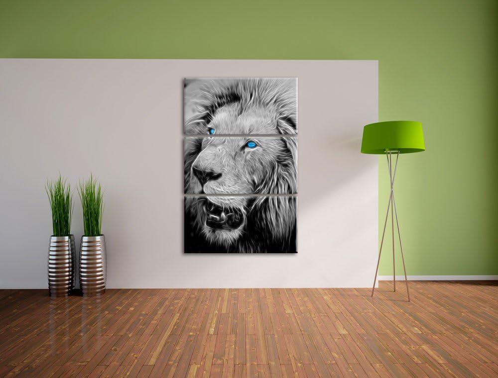 prächtiger weisser Löwe schwarz/weiss Deluxe 3-Teiler Leinwandbild 120x80 Bild auf Leinwand, XXL rie