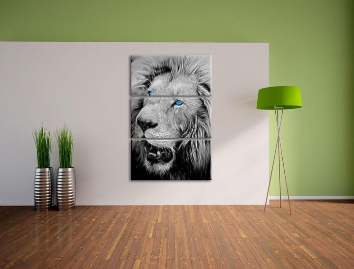 prächtiger weisser Löwe schwarz/weiss Deluxe 3-Teiler Leinwandbild 120x80 Bild auf Leinwand, XXL rie