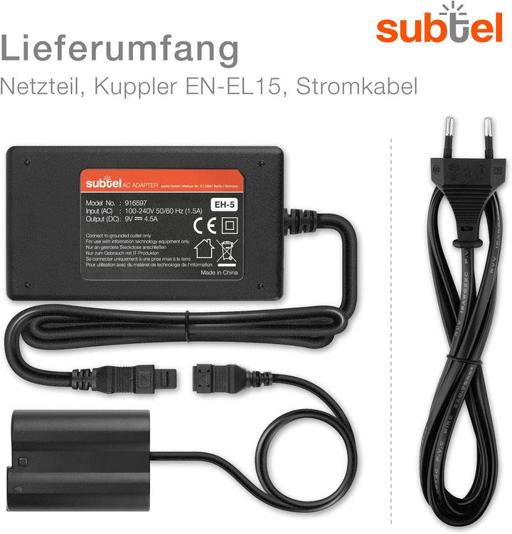 subtel® Netzteil EH-5 + EP-5B, EH-5a EH-5b EH-5c für Nikon 1 V1, D500, D600 D610, D7000 D7100 D7200