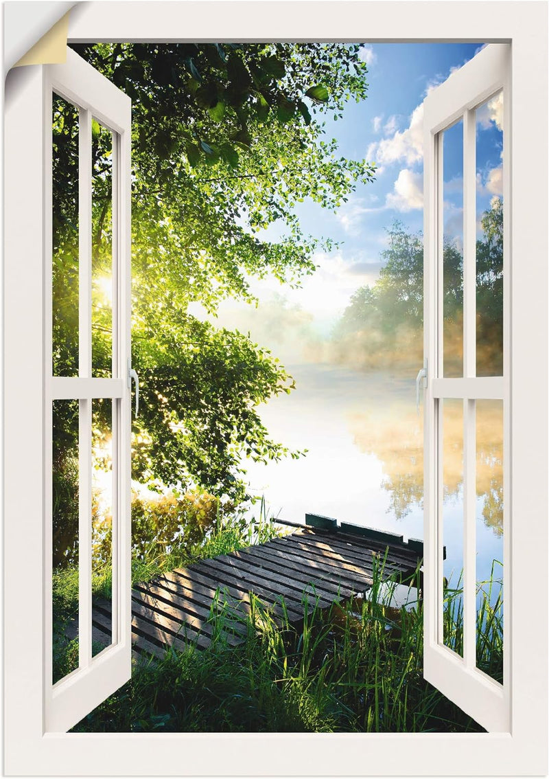 ARTland Wandbild selbstklebend Vinylfolie 70x100 cm Fensterblick Fenster Landschaft Wald Natur See A