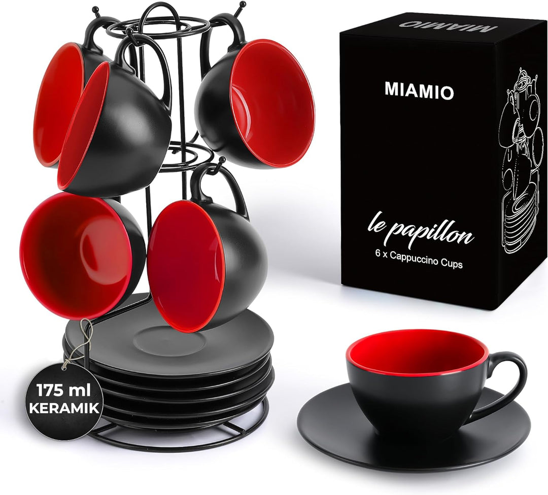 MIAMIO - 6 x 175 ml Tasse Cappuccino Tassen mit Unterteller & Ständer/Cappuccinotassen Set - Le Papi