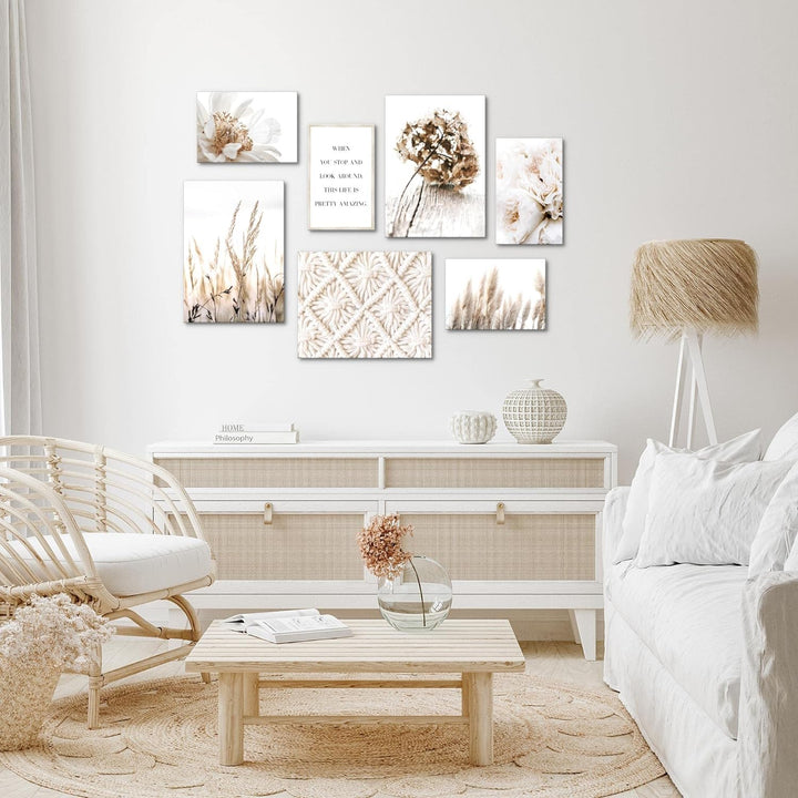 Novart Wandbilder Boho - KOMPLETT AUFHÄNGFERTIG - Beige Wohnzimmer Schlafzimmer- 7 Moderne Mood-Bild