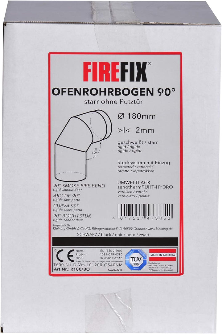 FIREFIX R180/BO Ofenrohrbogen aus 2 mm starken Stahl (Rauchrohr) in 180 mm Durchmesser, für Kaminöfe