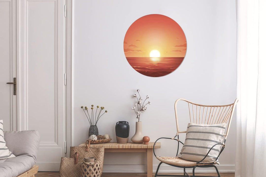 Wandbild Rund Wanddeko Deko Wohnzimmer Bilder 60x60 cm Meer - Sonne - Orange, 60x60 cm