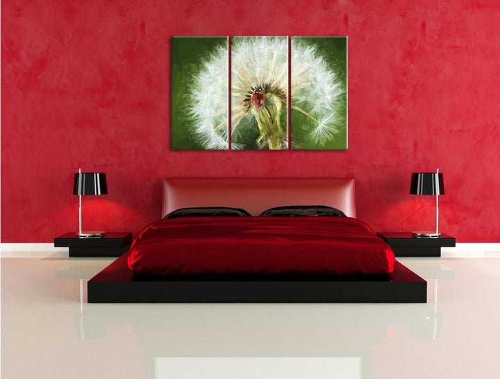 Pixxprint Marienkäfer auf Pusteblume als Leinwandbild/Grösse: 3 Teilig (120x80) cm/Wandbild/Kunstdru