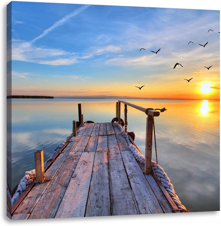 Pixxprint Steg mit Möwen bei Sonnenuntergang, Format: 70x70 auf Leinwand, 70x70