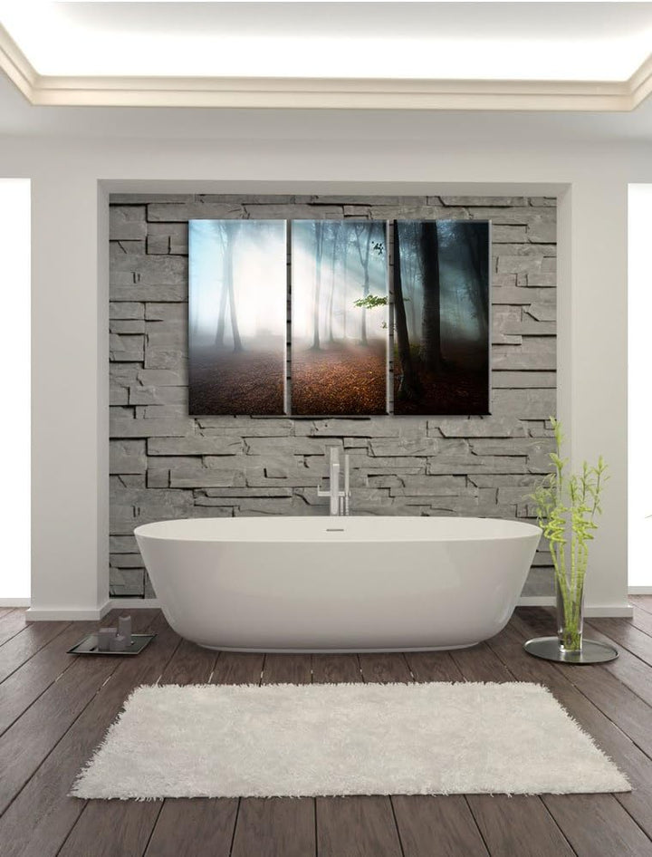 Pixxprint Düsterer Wald im Nebel als Leinwandbild/Grösse: 3 Teilig (120x80) cm/Wandbild/Kunstdruck/f