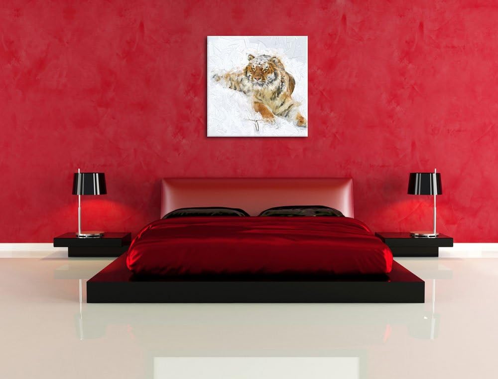 Pixxprint Amur Tiger im Schnee als Leinwandbild | Grösse: 70x70 cm | Wandbild | Kunstdruck | fertig