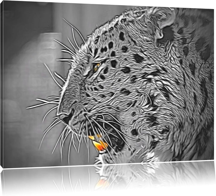 brüllender Leopard schwarz/weiss Deluxe Format: 100x70 cm auf Leinwand, XXL riesige Bilder fertig ge