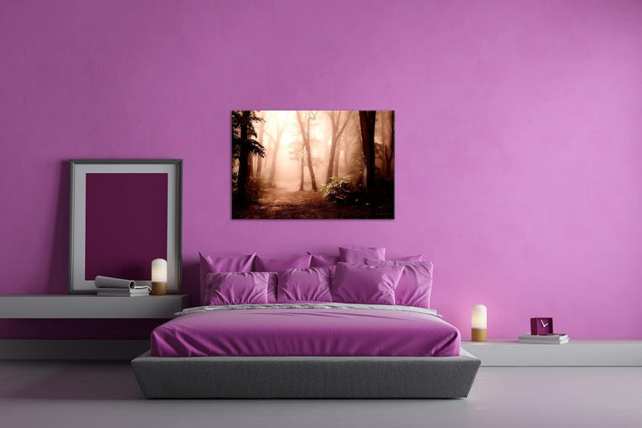 deyoli neblischer Waldweg Format: 80x60 als Leinwand, Motiv fertig gerahmt auf Echtholzrahmen, Hochw