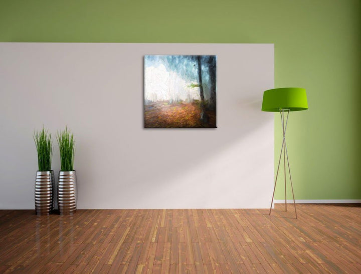 Pixxprint Düsterer Wald im Nebel Pinsel Effekt, Format: 70x70 auf Leinwand, 70x70