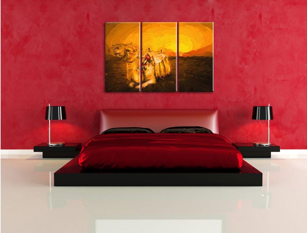Pixxprint Kamel bei Sonnenuntergang in Ägypten Kunst Pinsel Effekt 3-Teiler Leinwandbild 120x80 Bild