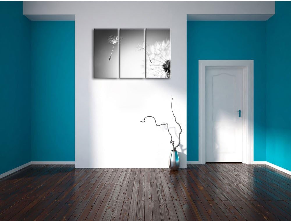 Pixxprint Löwenzahn Schirmflieger Pusteblume Kunst B&W 3-Teiler Leinwandbild 120x80 Bild auf Leinwan