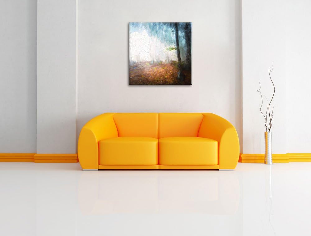 Pixxprint Düsterer Wald im Nebel Pinsel Effekt, Format: 70x70 auf Leinwand, 70x70