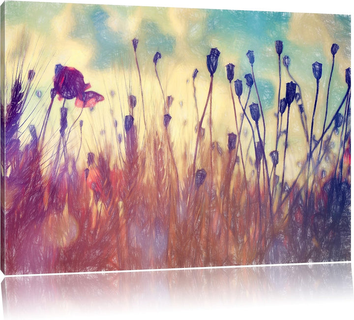 Pixxprint Mohn im Weizenfeld Kunst Buntstift Effekt, Format: 100x70 auf Leinwand, 100x70